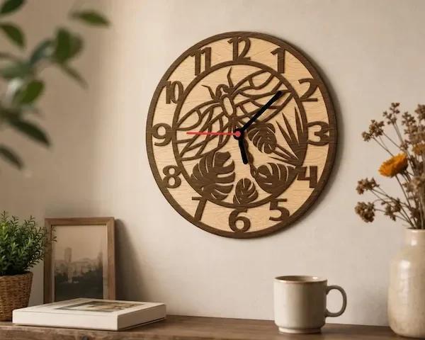 Round wooden wall clock with dragonfly and tropical leaf cutout design