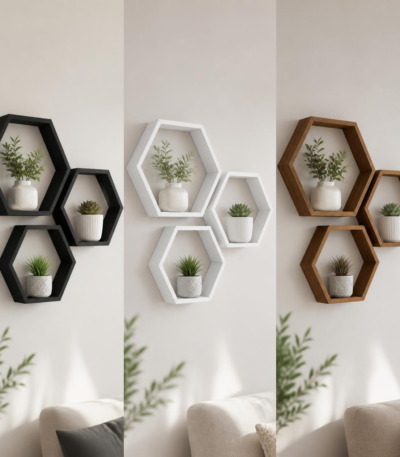 Three-piece hexagonal wooden wall shelves available in black, white, and brown