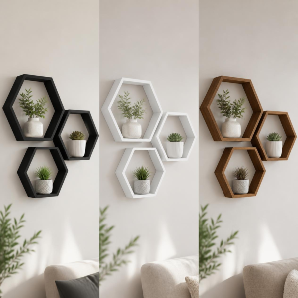 Three-piece hexagonal wooden wall shelves available in black, white, and brown